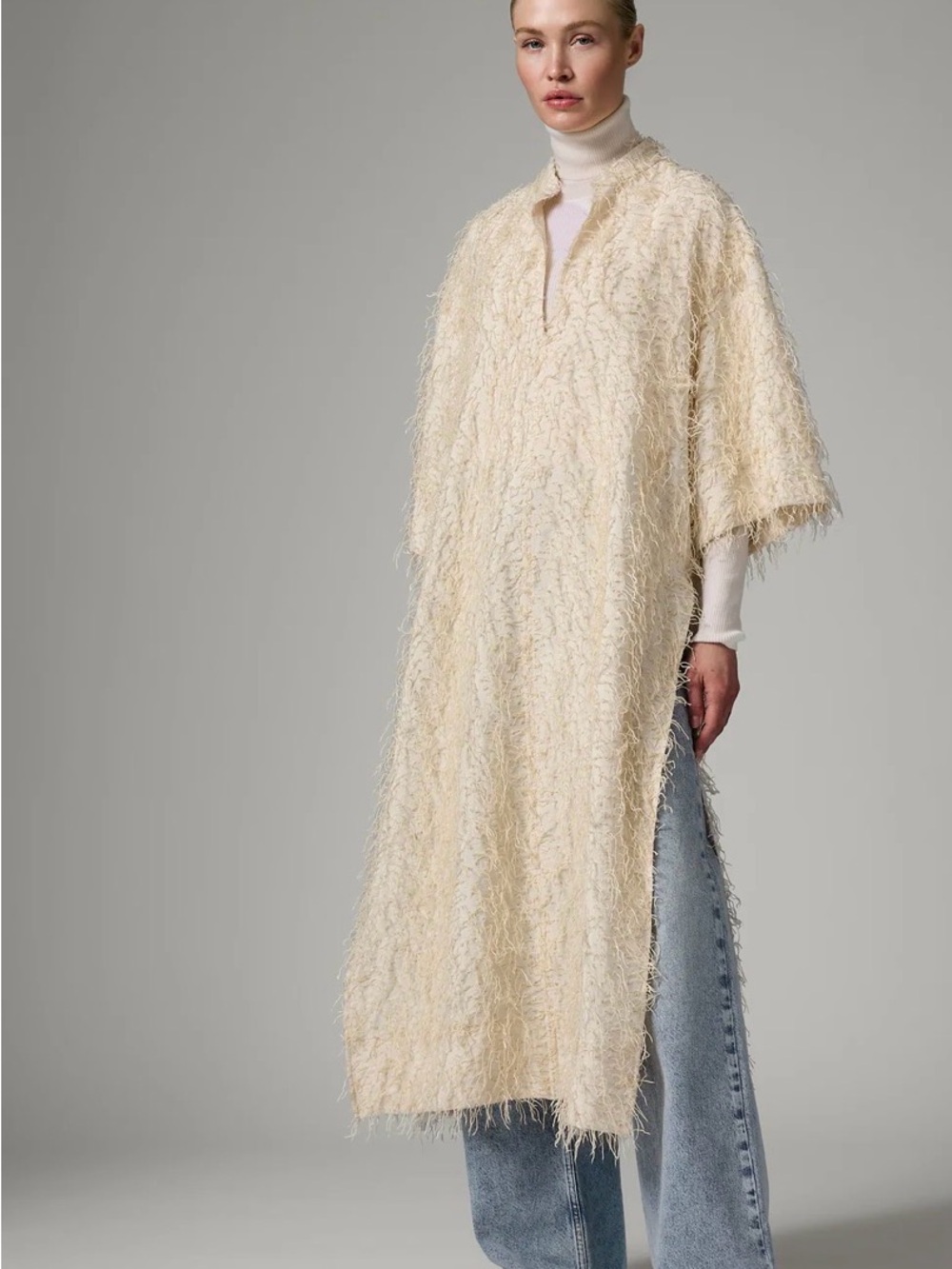 Textured Cream Fringe Midi Tunic Cover-Up